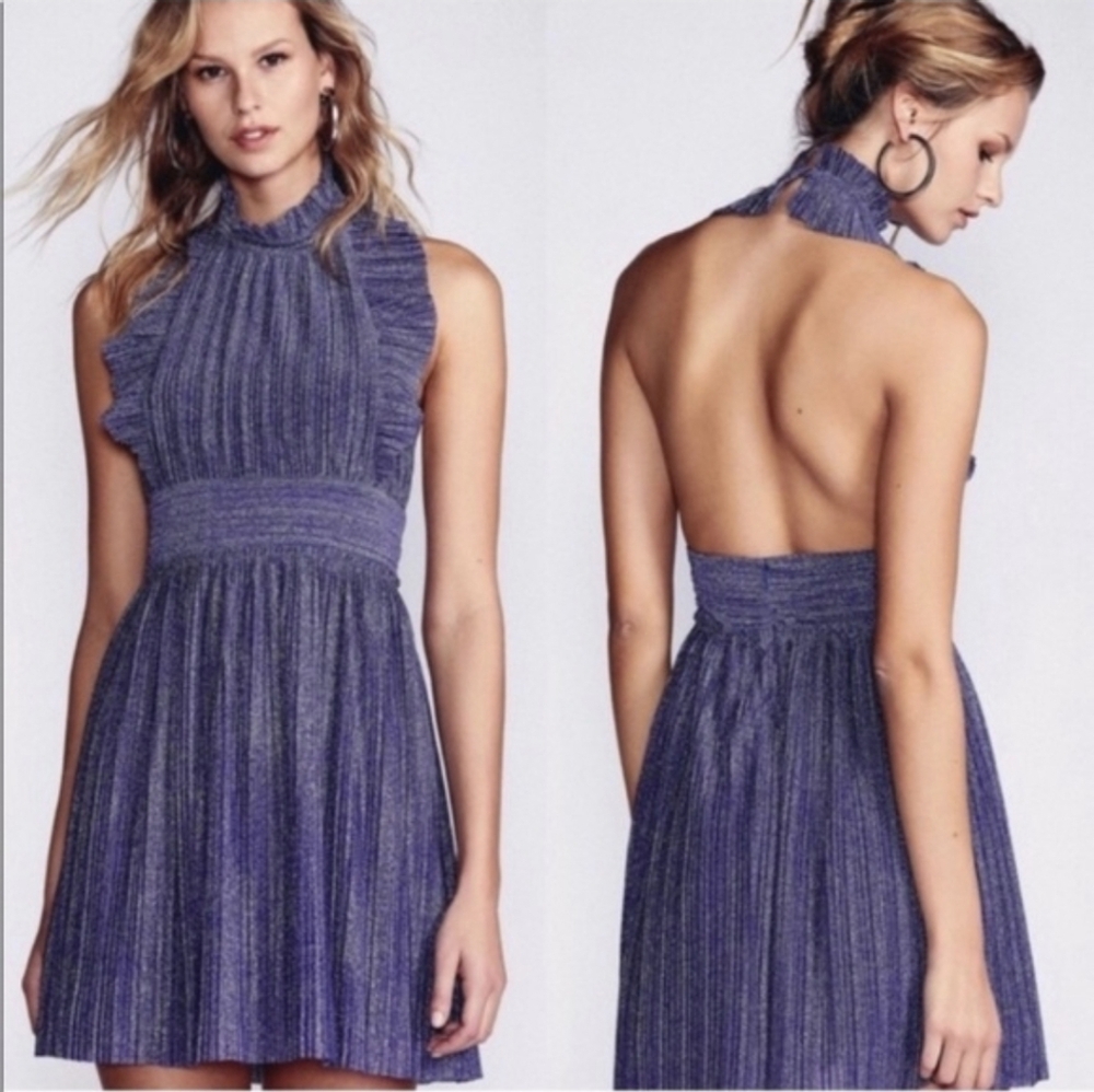 Free People Purple Ribbed Halter Backless Mini Dress
